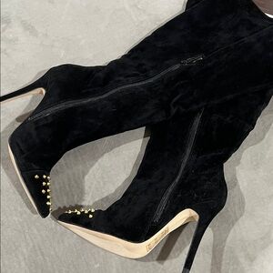 Shoe Dazzle Black Heeled Boots with Gold Studs